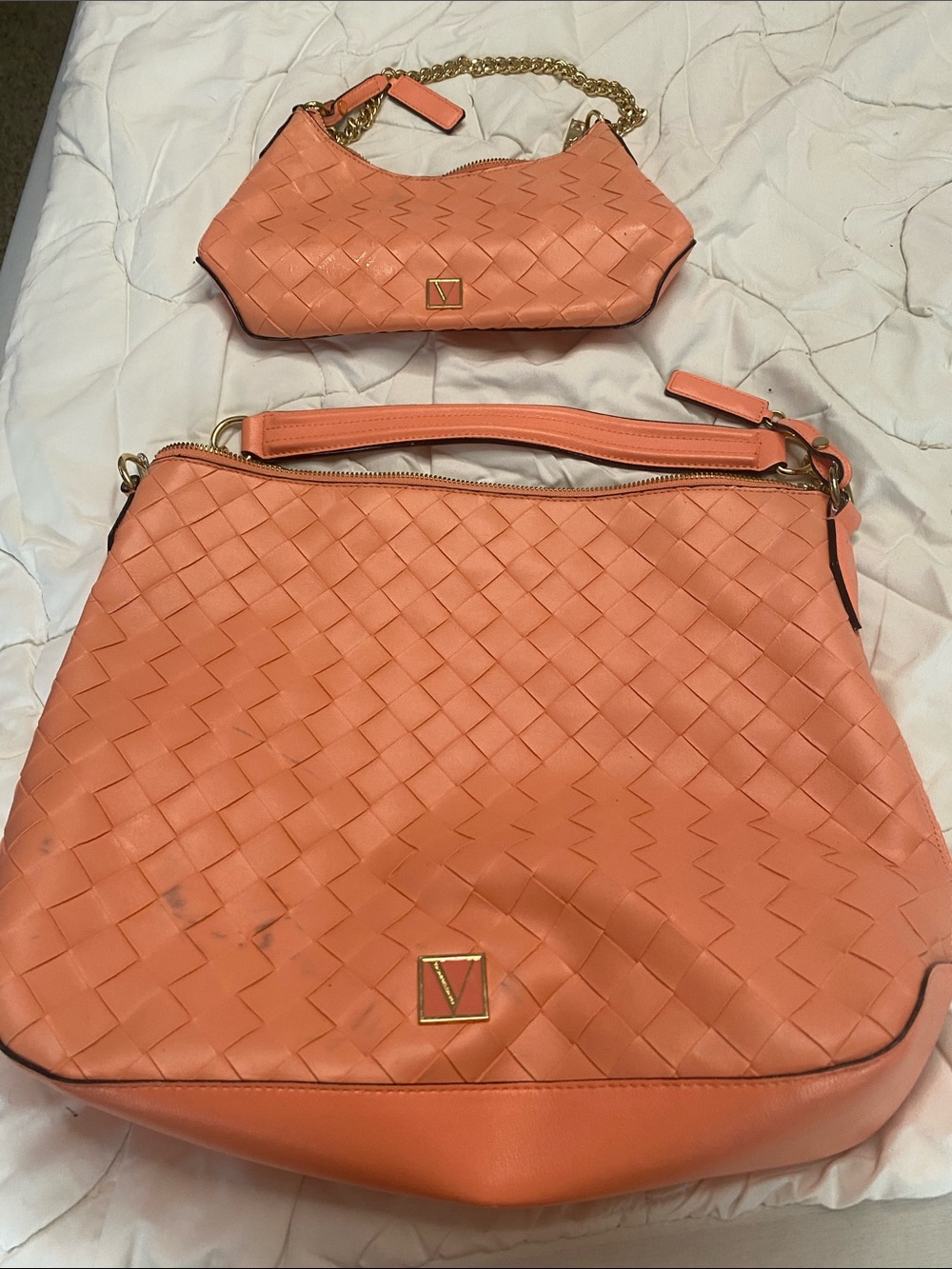 Victoria's Secret Woven Coral Shoulder Bag with Matching Pouch